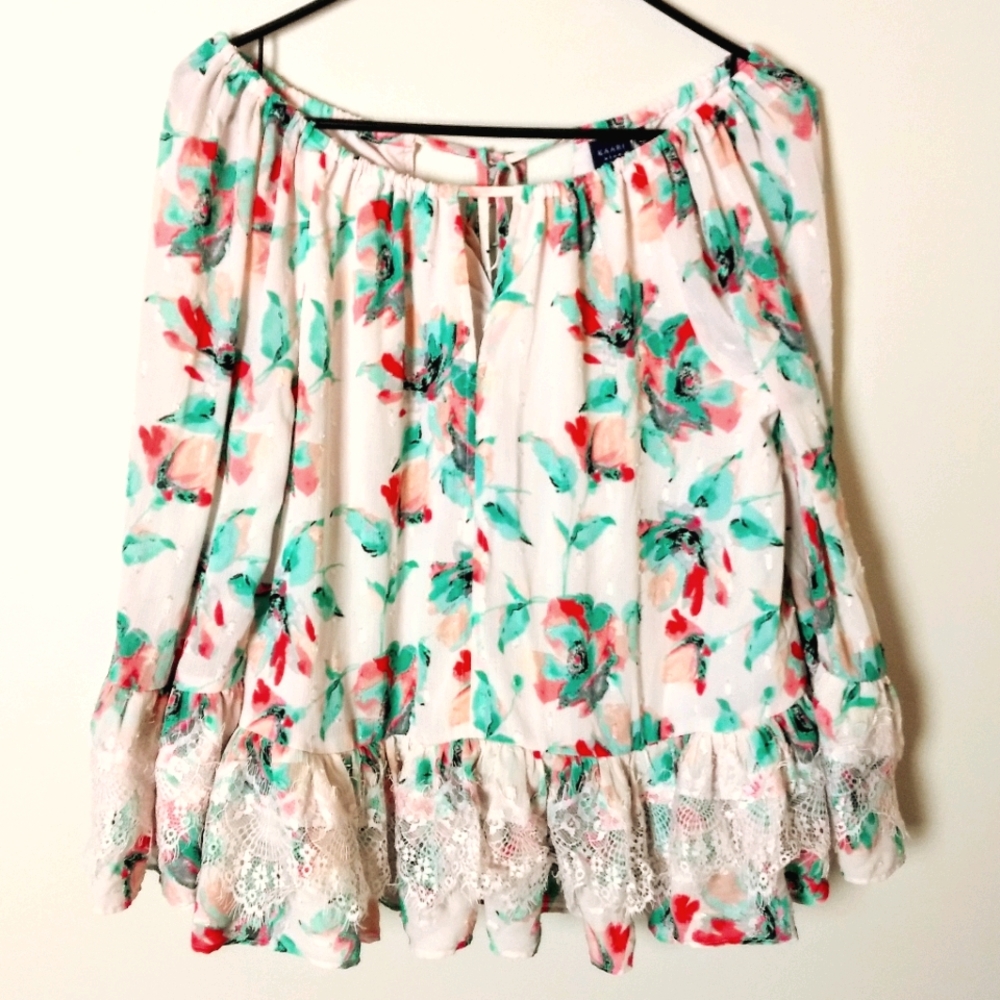 Kaari Blue Light Pink Floral Ruffle Lace Blouse